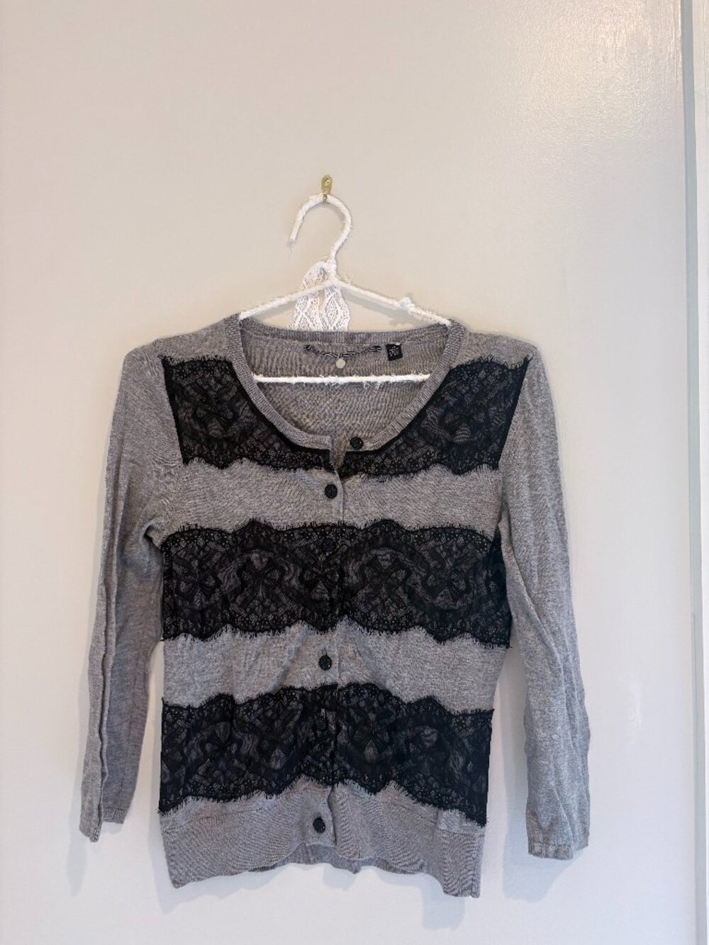 Anthropologie Knitted & Knotted Lace Cardigan Gray Black Size XS